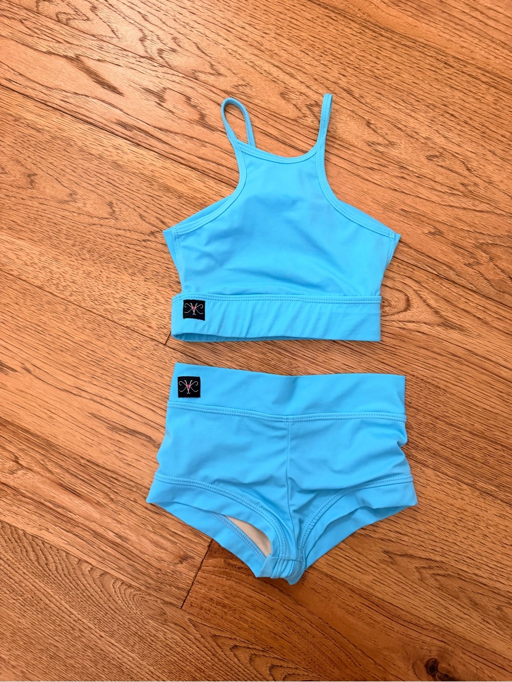 Girls Light Blue Dance Crop Top and Shorts Set with Logo Tag